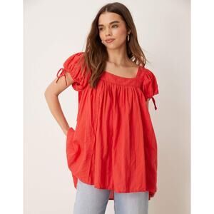 We The Free Puff Sleeves REd Smock Tunic Top Size XS Square Neck Cottagecore